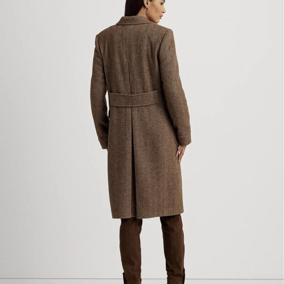 Ralph Lauren Double-Breasted Herringbone Coat 14 Tan Multi Wool Academia NWT - Picture 2 of 13